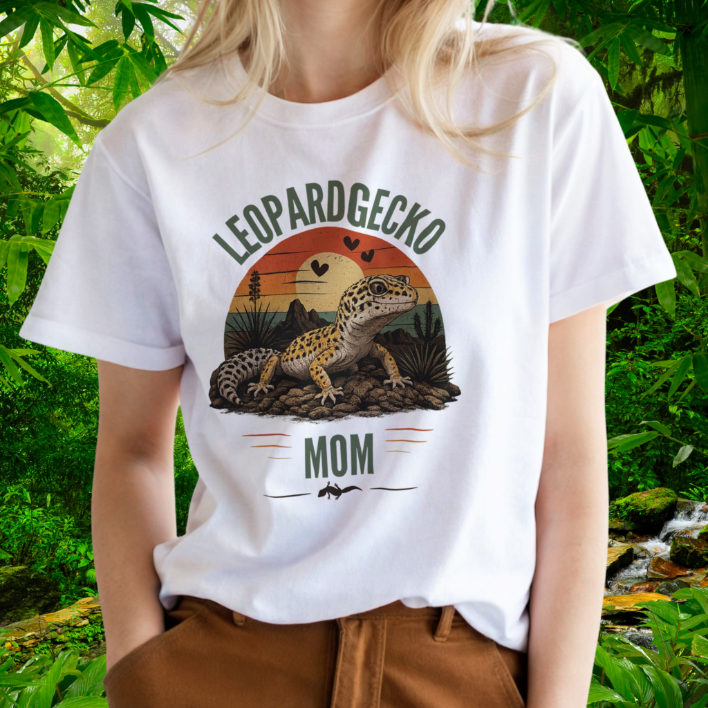 Woman wearing a white Leopard Gecko Mom shirt