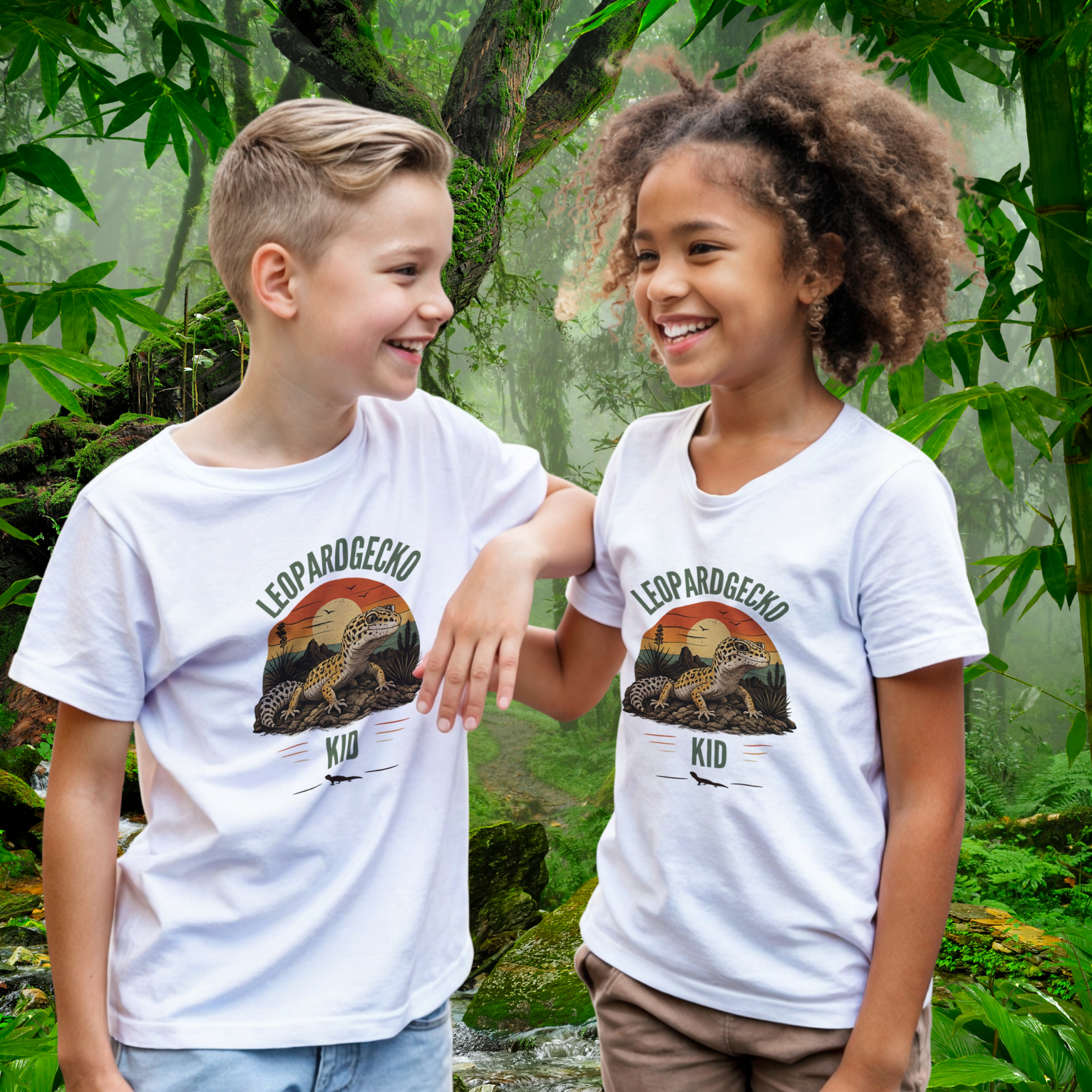 Children wearing White Leopard Gecko KID shirts by Aurexico