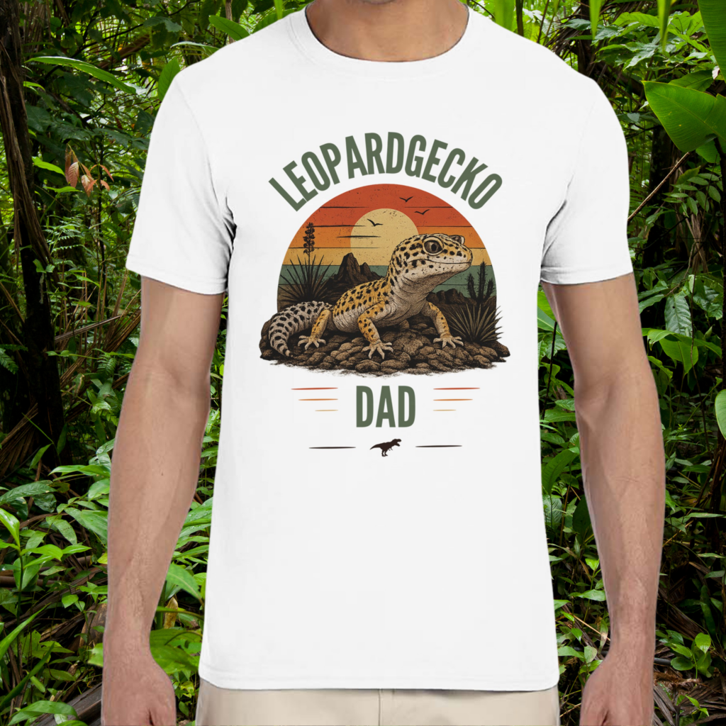 Man wearing a white Leopard Gecko Dad shirt