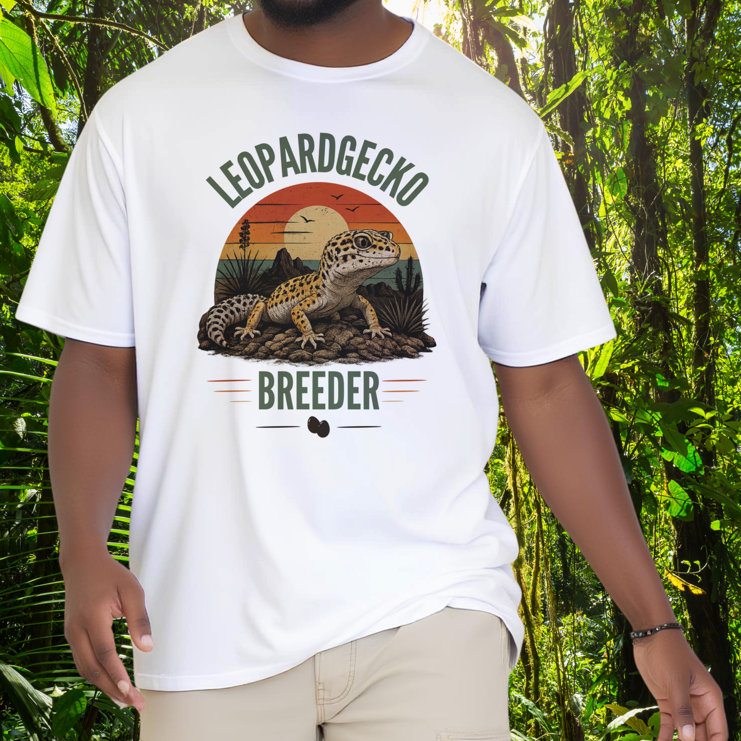 Man wearing a white Leopard Gecko Breeder shirt