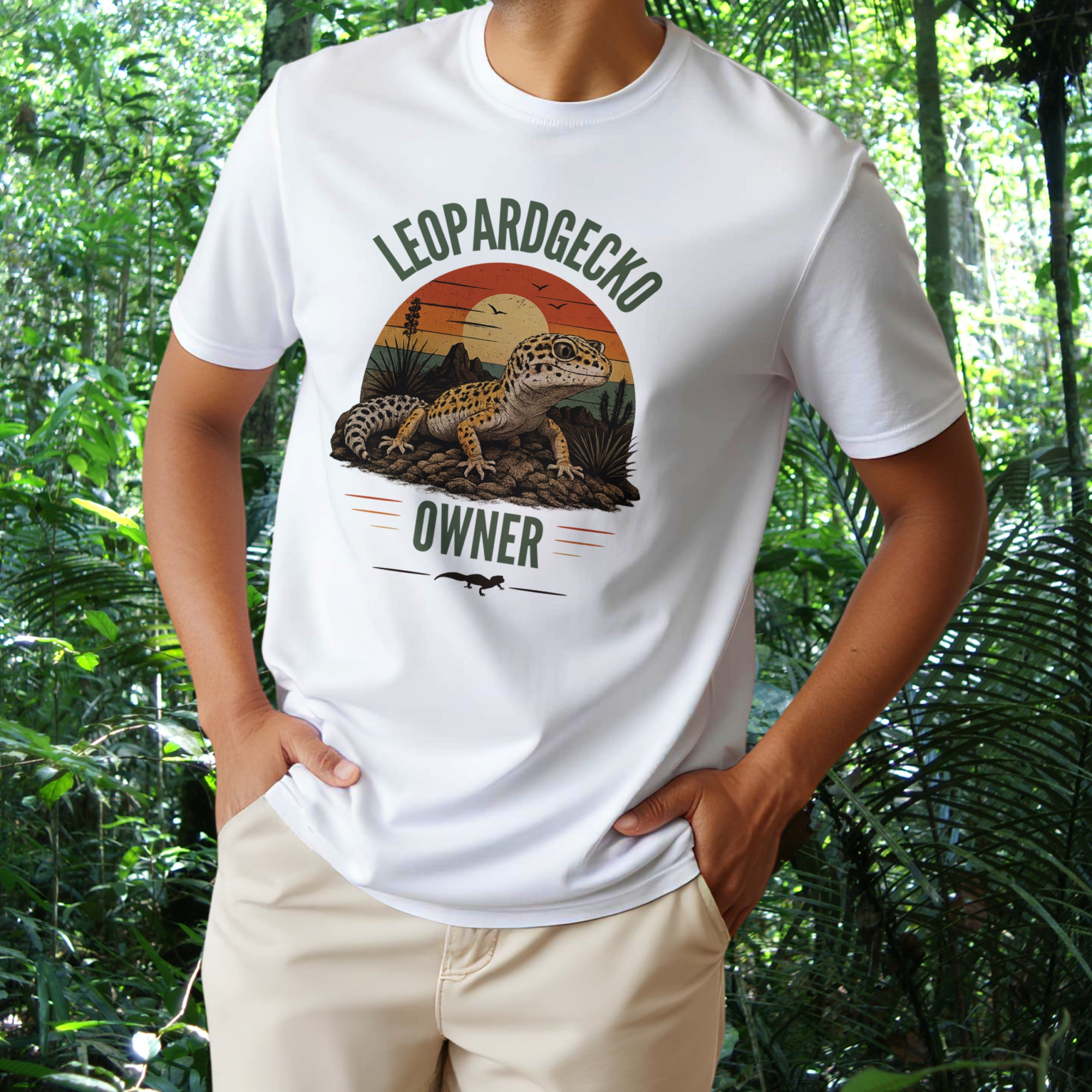 Man wearing a white Leopard Gecko Owner shirt
